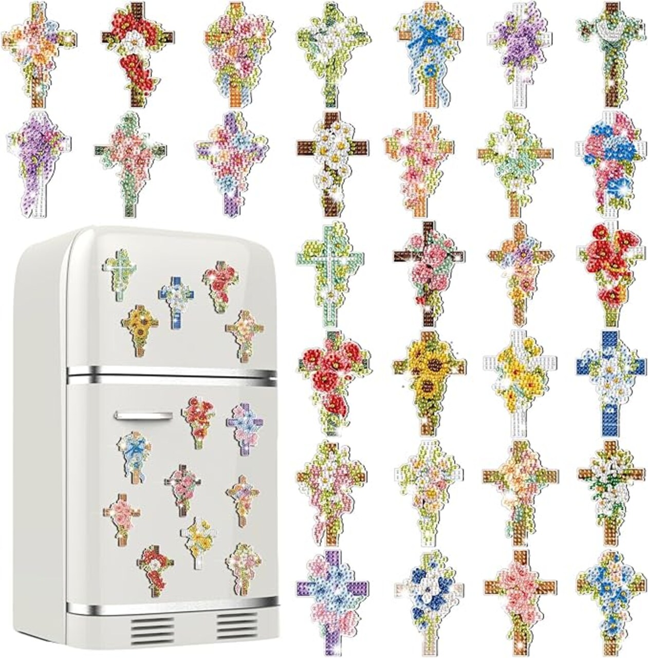 30 Pcs Easter Cross Diamond Art Kits Magnetic Religious Christians Diamond Painting Magnets Kits Crystal Cross Jesus 5d DIY Art Fridge Magnet Refrigerator Sticker for Adult Beginners Home Car Garage